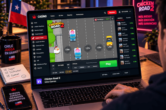 Chicken Road 2 en un casino online, mostrando la partida y los multiplicadores desde un ordenador.