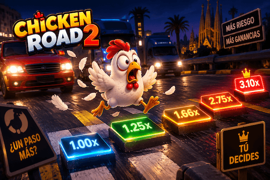 Chicken Road 2 con el pollo cruzando la carretera y multiplicadores crecientes en cada paso.